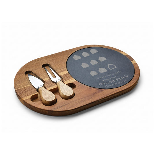 Personalized The One That Closed engraved charcuterie board with family name and closing date
