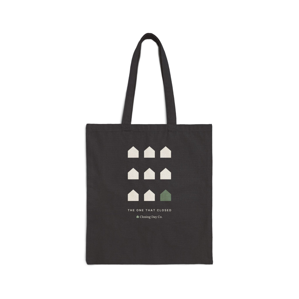 Back of the black tote with The One That Closed sold-house grid