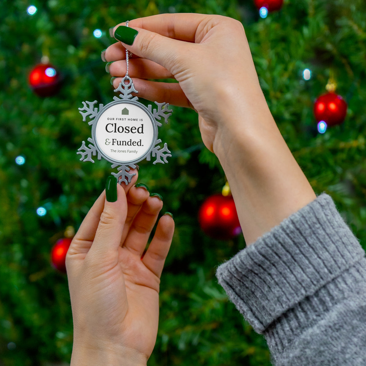 Personalized Our First Home is Closed & Funded pewter snowflake ornament