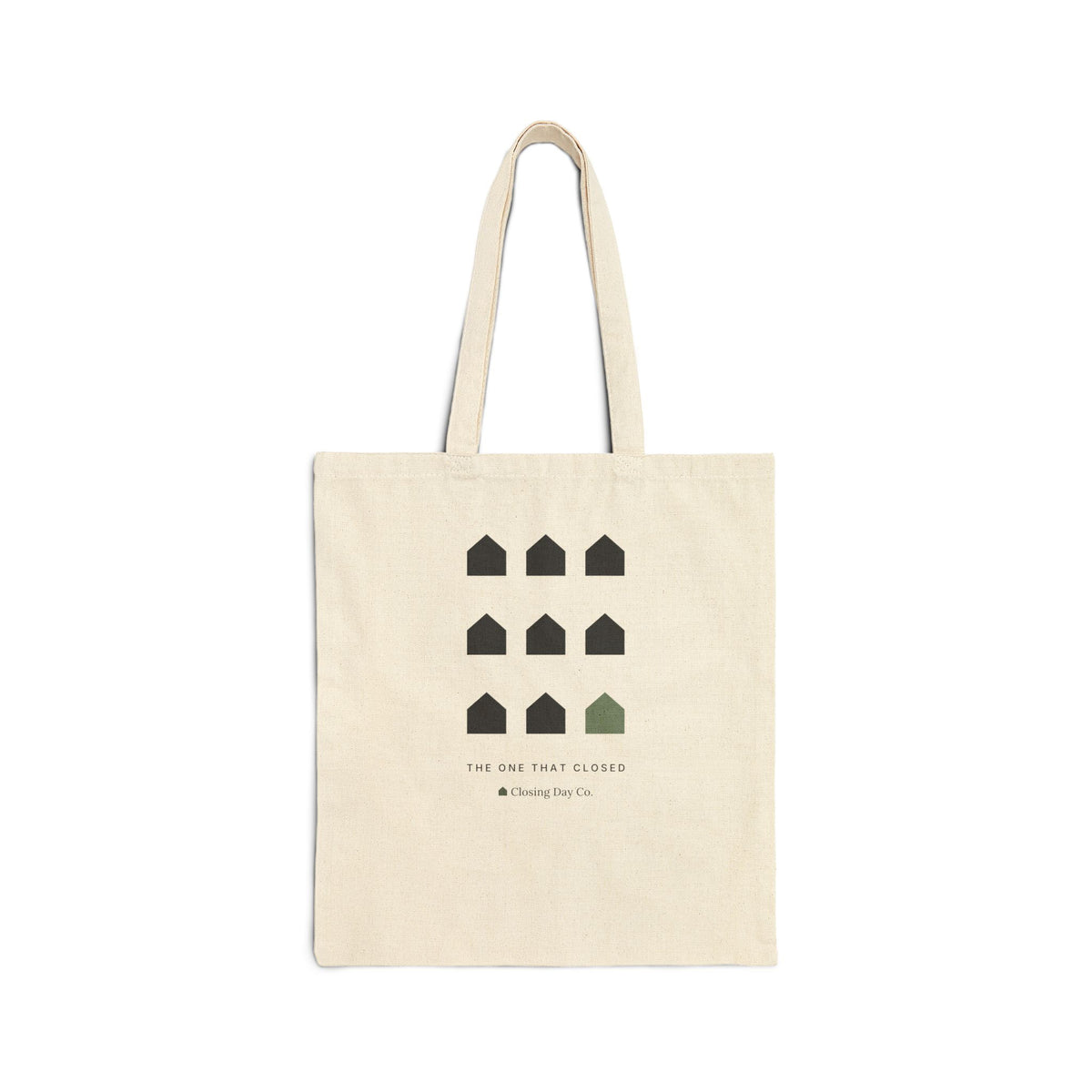 Back of the natural tote with The One That Closed sold-house grid