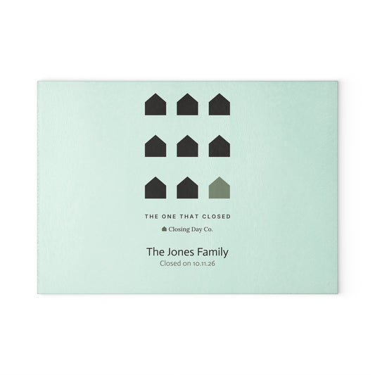 Personalized The One That Closed glass cutting board with family name and closing date