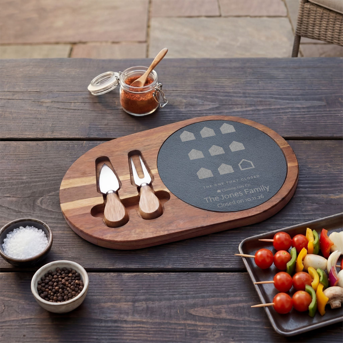 Personalized The One That Closed engraved charcuterie board with family name and closing date