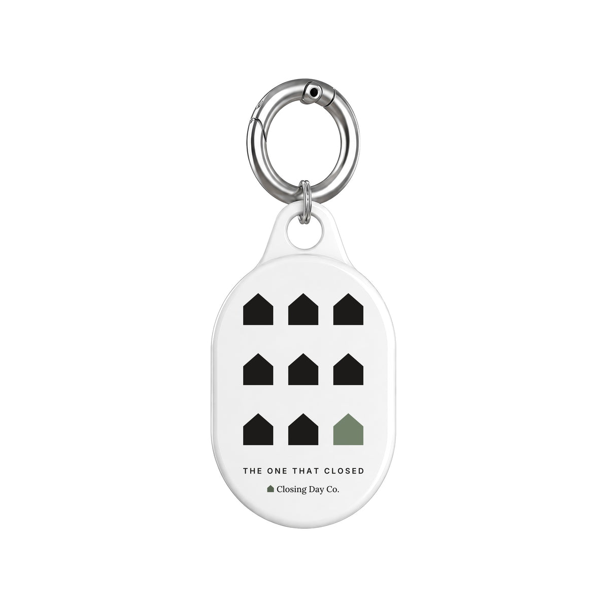 Personalized AirTag keychain front and back view with AirTag holder - realtor closing gift