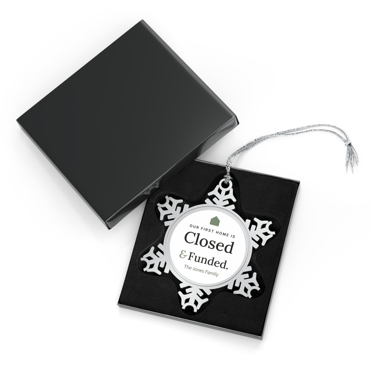 Personalized Our First Home is Closed & Funded pewter snowflake ornament