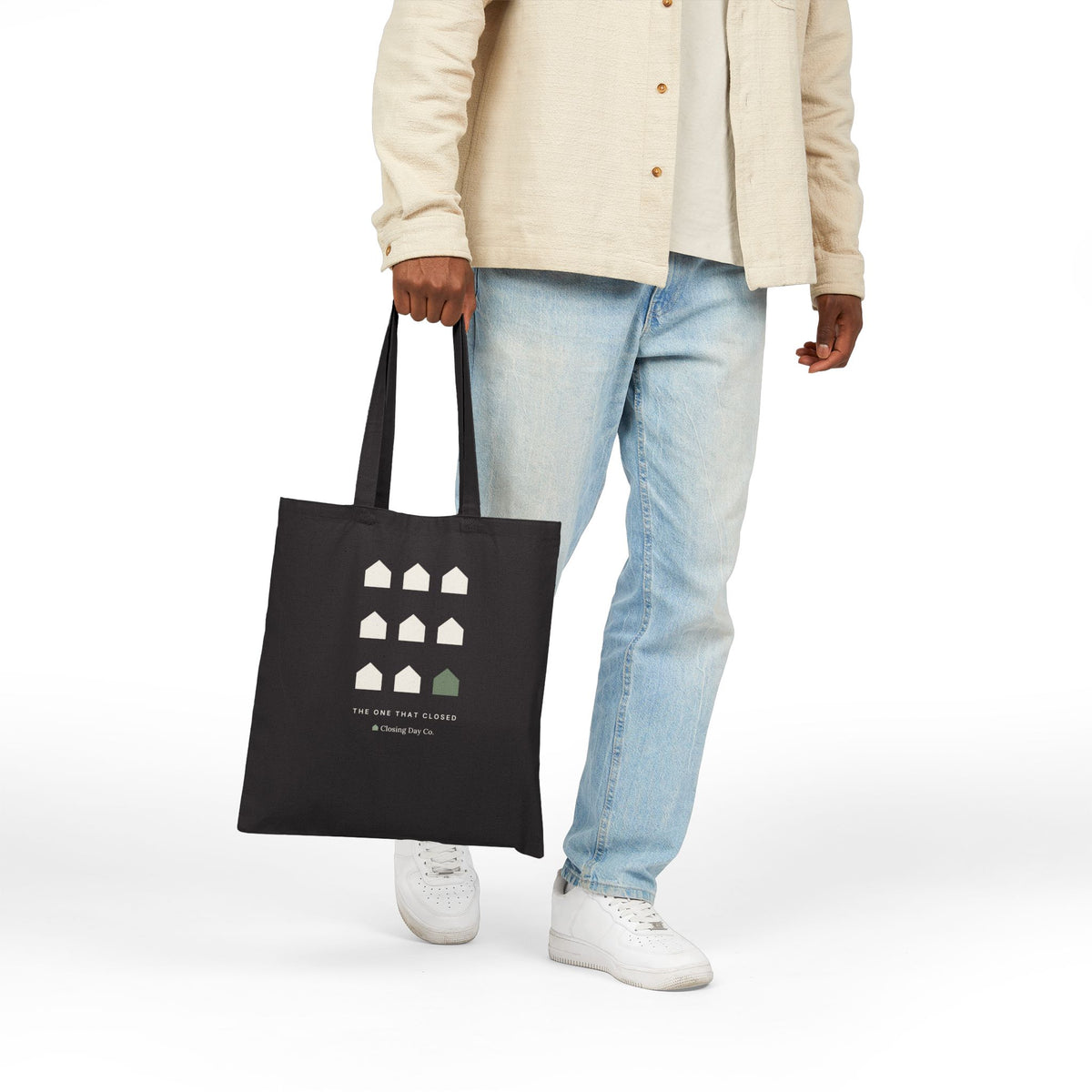 Black tote back with the sold-house grid by Closing Day Co.