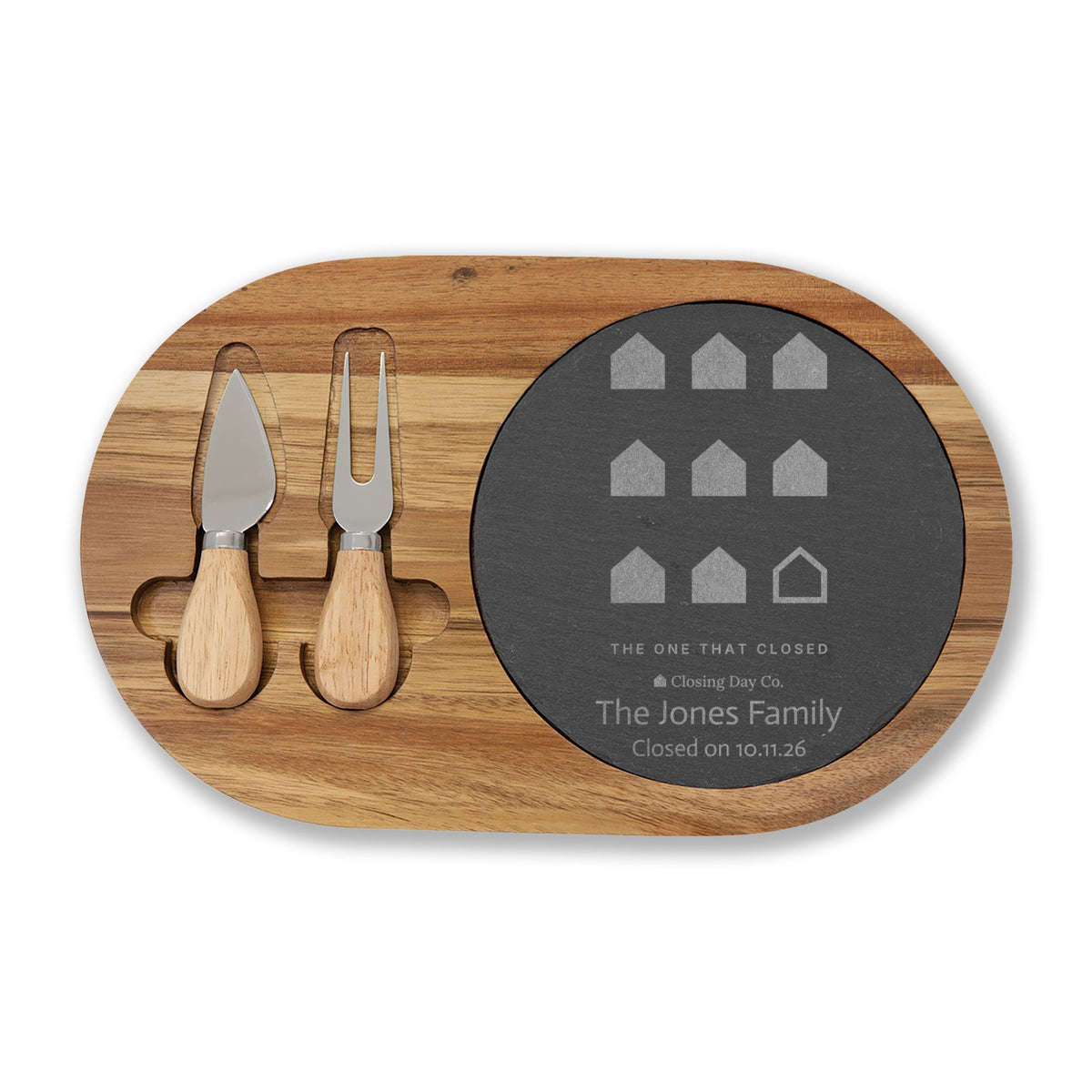 Personalized The One That Closed engraved charcuterie board with family name and closing date